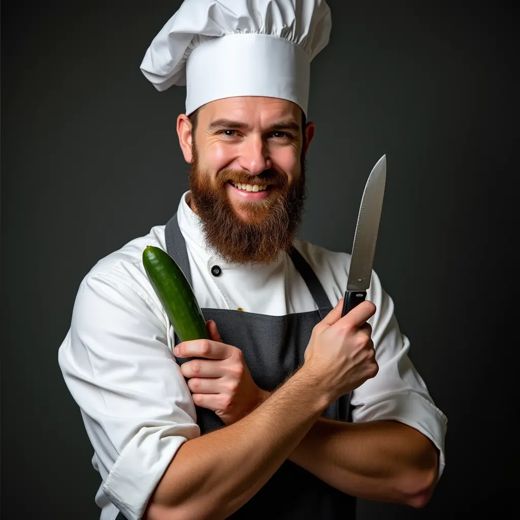 Chris, a bearded chef in a white hat and jacket, holding a knife and a cucumber