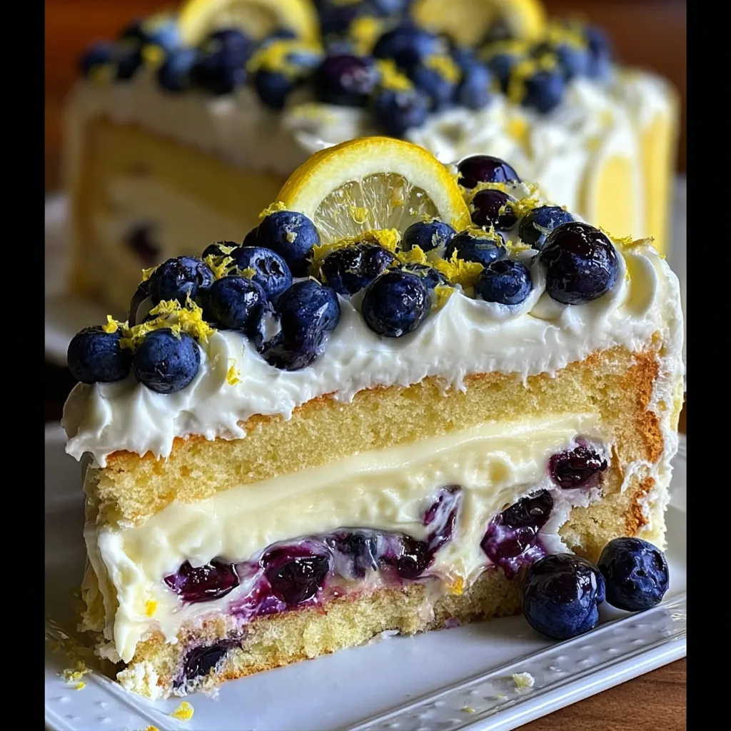 Homemade three layer cake topped with blueberries and lemon slices on white plate