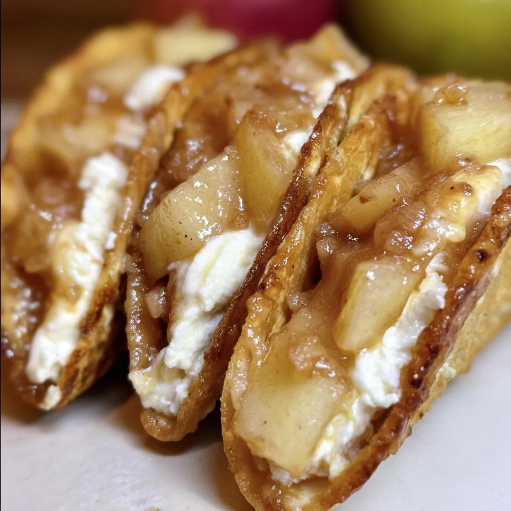 Creative apple cheesecake tacos with crispy cinnamon shells filled with cream cheese and caramelized apple chunks
