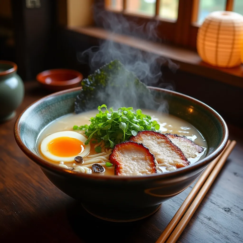 Steaming bowl of rich tonkotsu ramen with tender pork belly, jammy egg, and fresh scallions in authentic presentation.