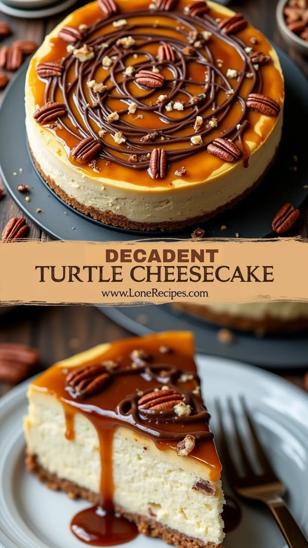 Perfect slice of turtle cheesecake showing creamy layers with caramel and chocolate toppings