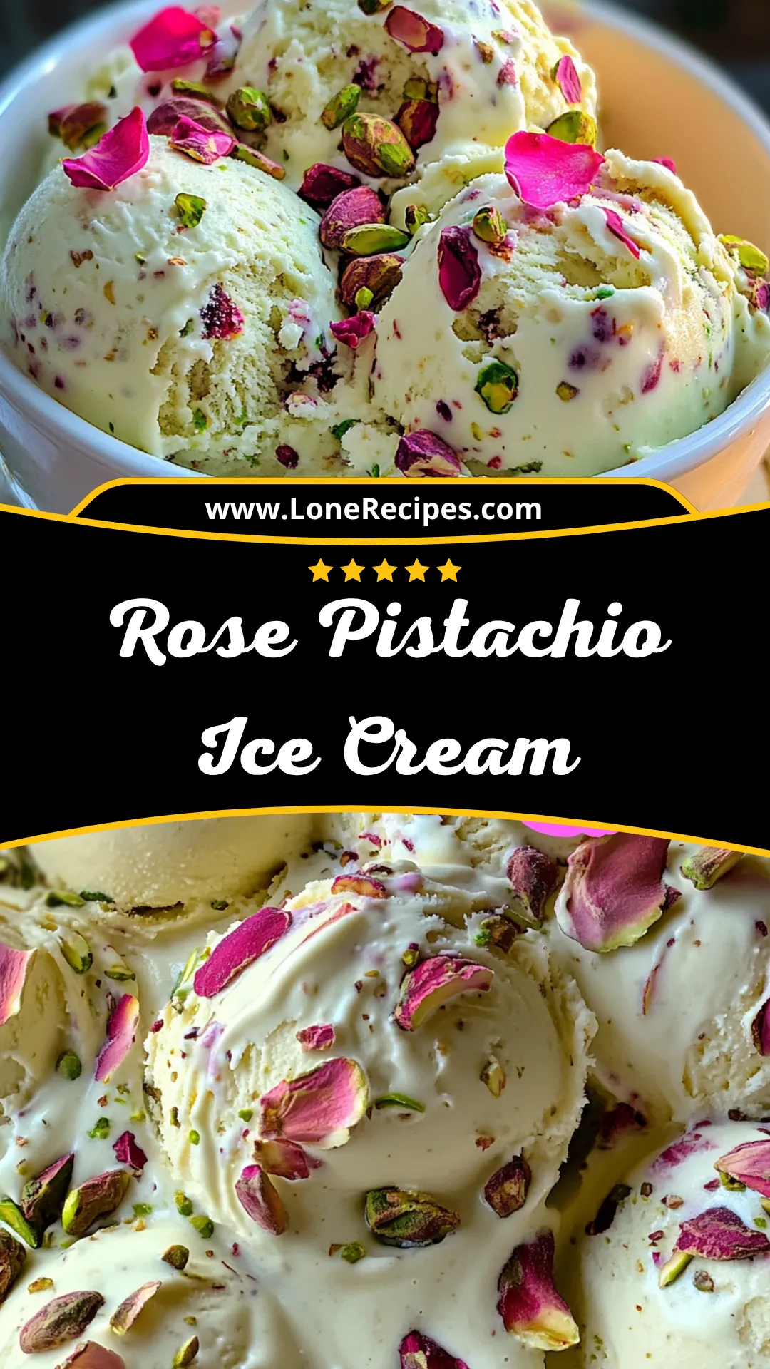 Homemade floral ice cream with beautiful rose petals and green pistachio pieces scattered on top