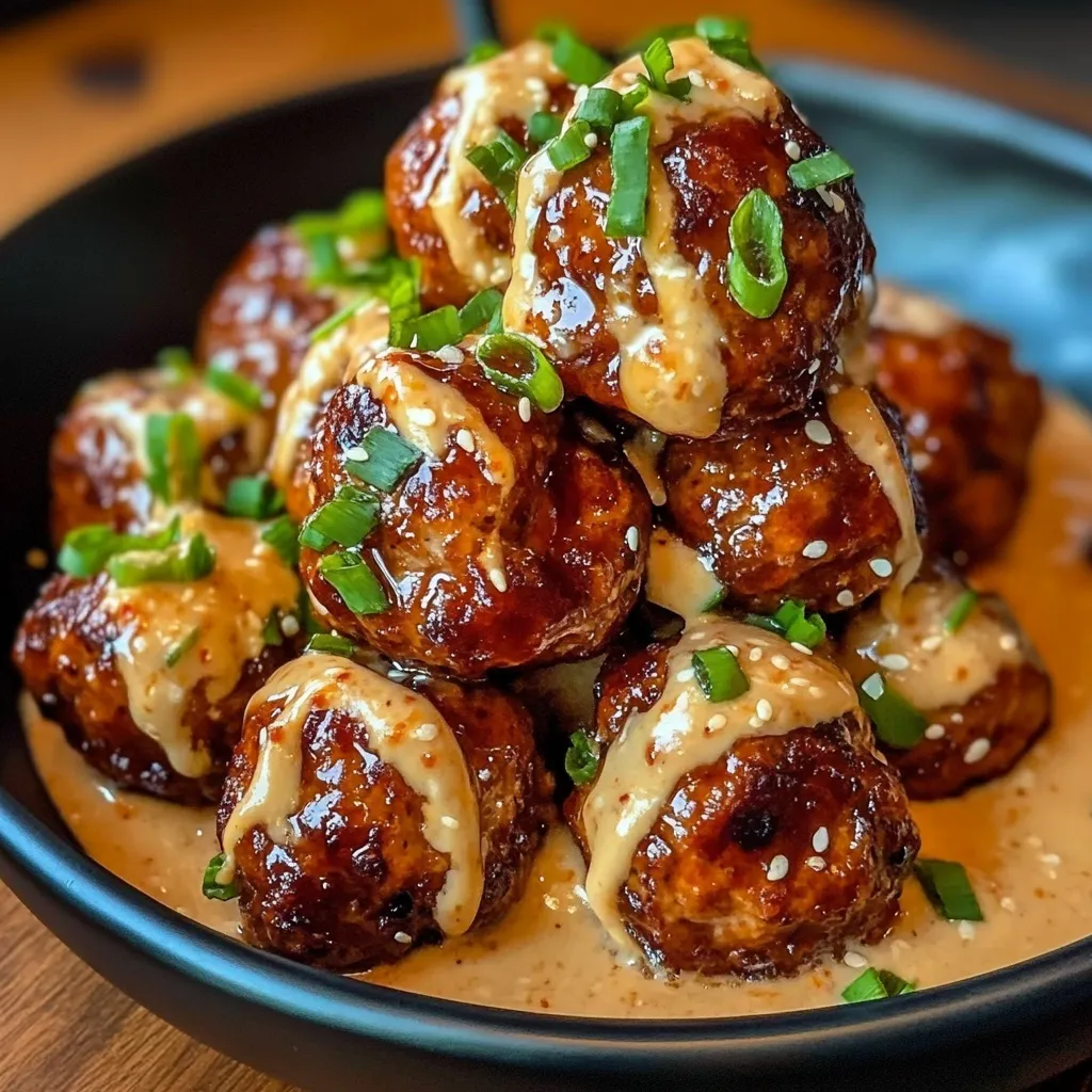 Glazed Korean style meatballs with chopsticks and creamy dipping sauce