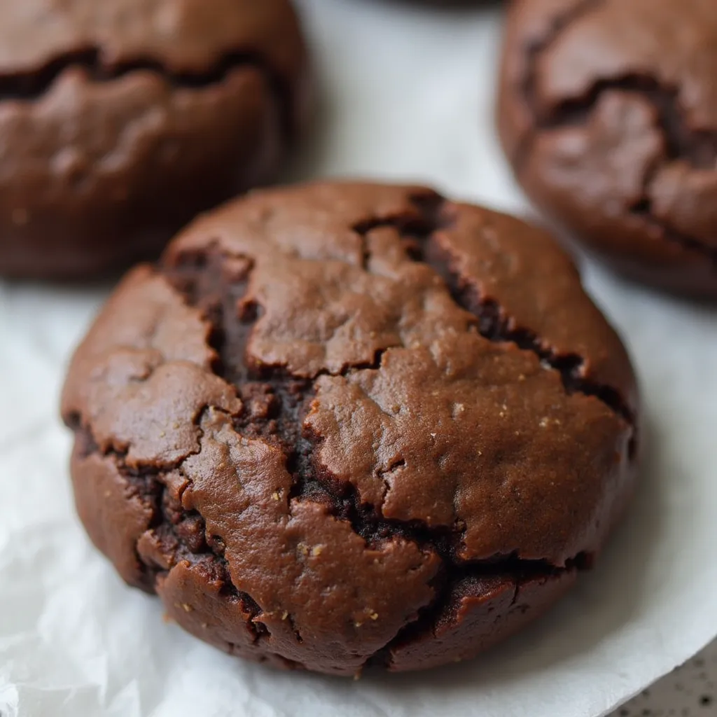 Freshly baked fudgy chocolate cookies with oozing chocolate centers on parchment paper