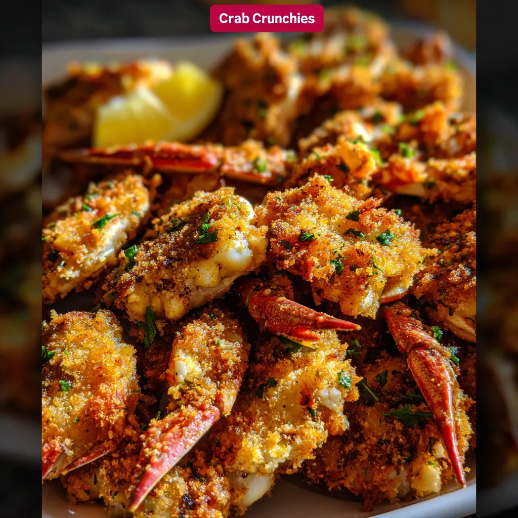 Golden crispy crab crunchies garnished with fresh parsley and lemon wedge