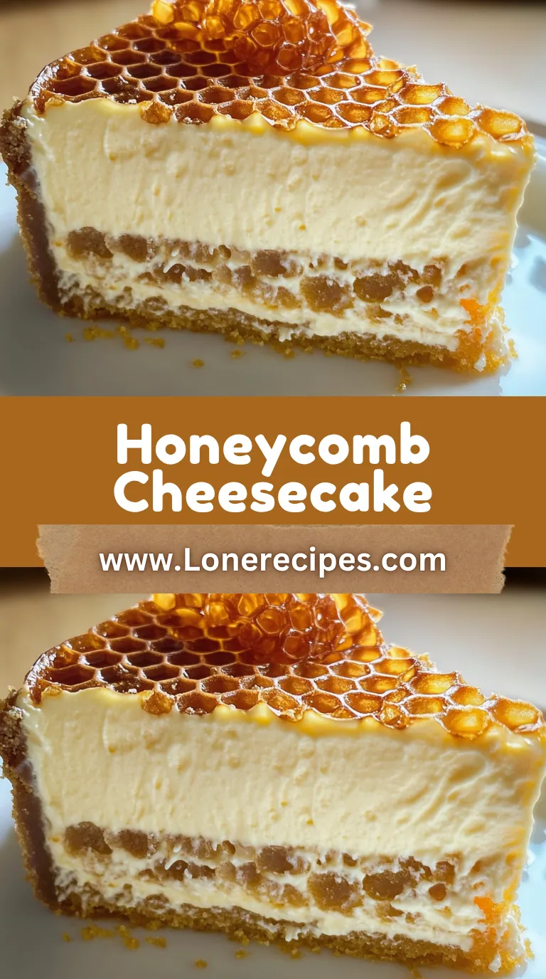 Decadent layered cheesecake slice topped with natural honeycomb pieces and honey drizzle