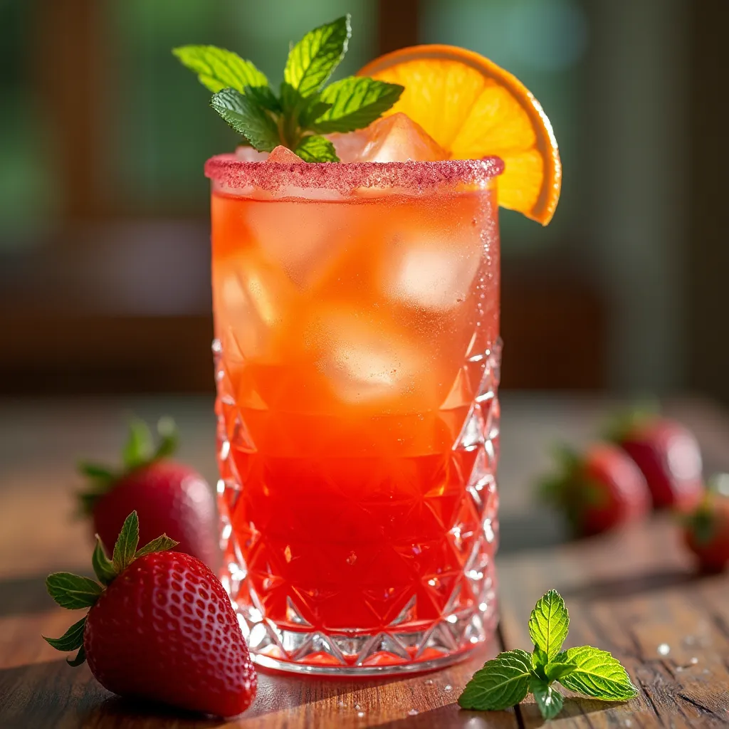 Vibrant strawberry sunrise mocktail with ice cubes and mint leaves on wooden surface