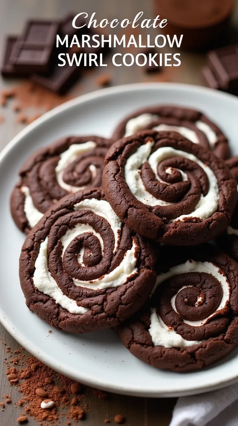 Decadent spiral cookies featuring dark chocolate dough and creamy marshmallow filling