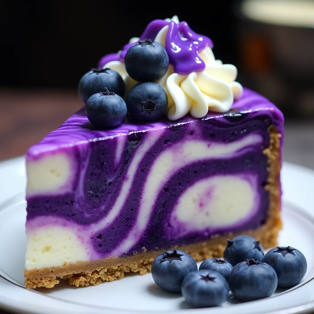 Decadent cheesecake featuring purple blueberry swirls and a golden graham cracker crust