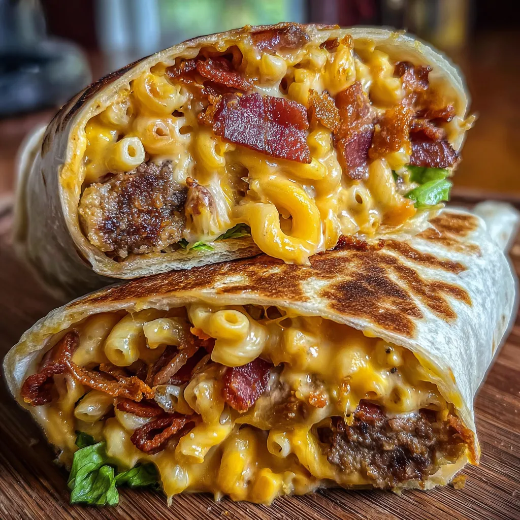 Loaded comfort food wrap with creamy mac and cheese, crispy bacon and ground beef
