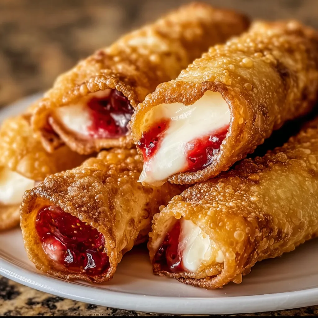 Fried dessert egg rolls with cream cheese filling and red berry jam center