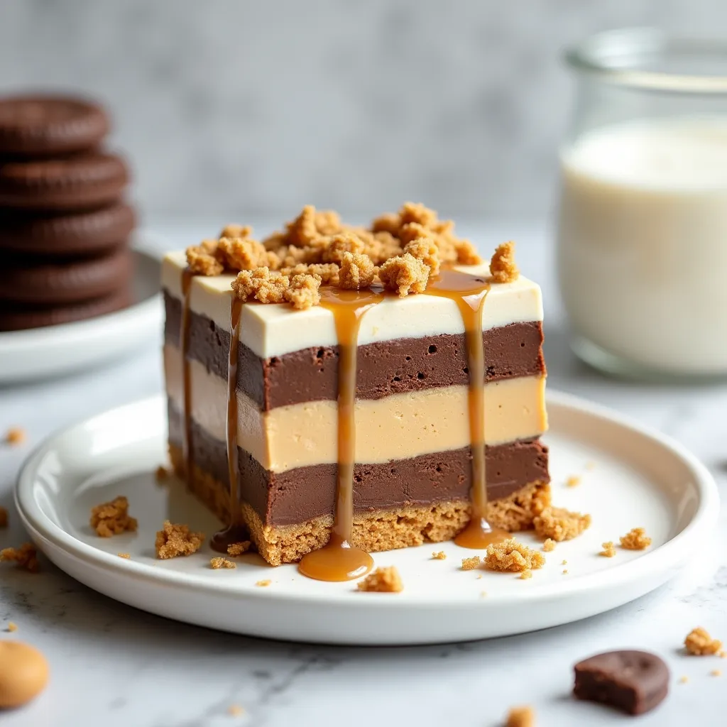 No-bake peanut butter lasagna dessert with multiple decadent layers on a white plate