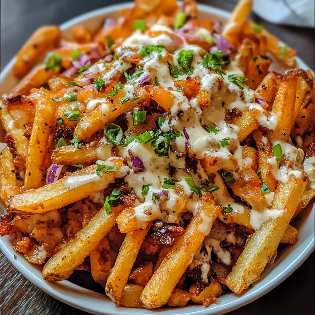 Mouth-watering loaded fries with creamy cheese sauce, Cajun spices, and colorful garnishes on a white plate