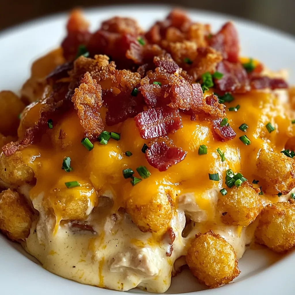 Golden crispy tater tots topped with melted cheddar cheese and crispy bacon pieces on white plate