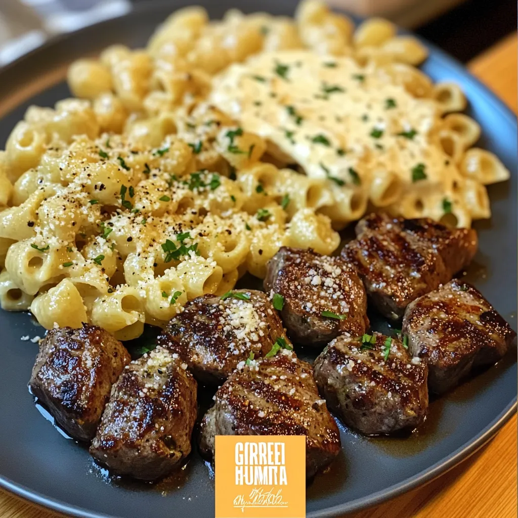Restaurant quality garlic butter steak bites paired with rich creamy pasta dinner