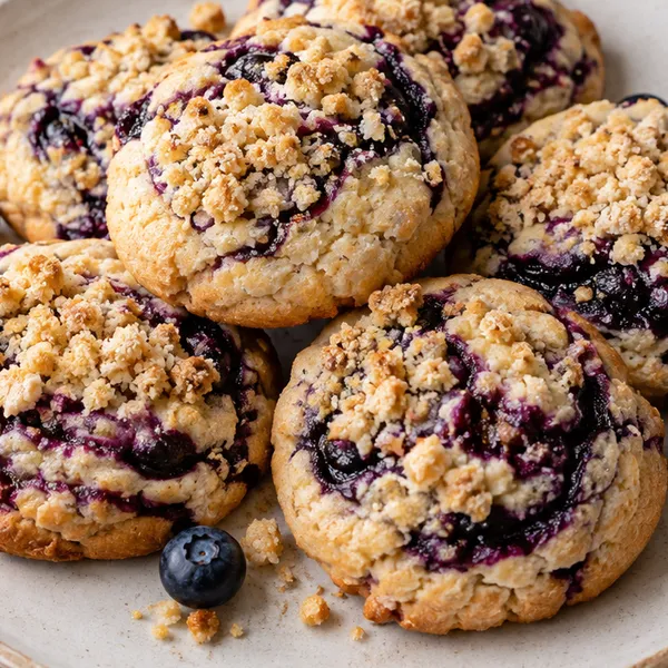 Close-up of the jammy blueberry swirl and crunchy crumble topping