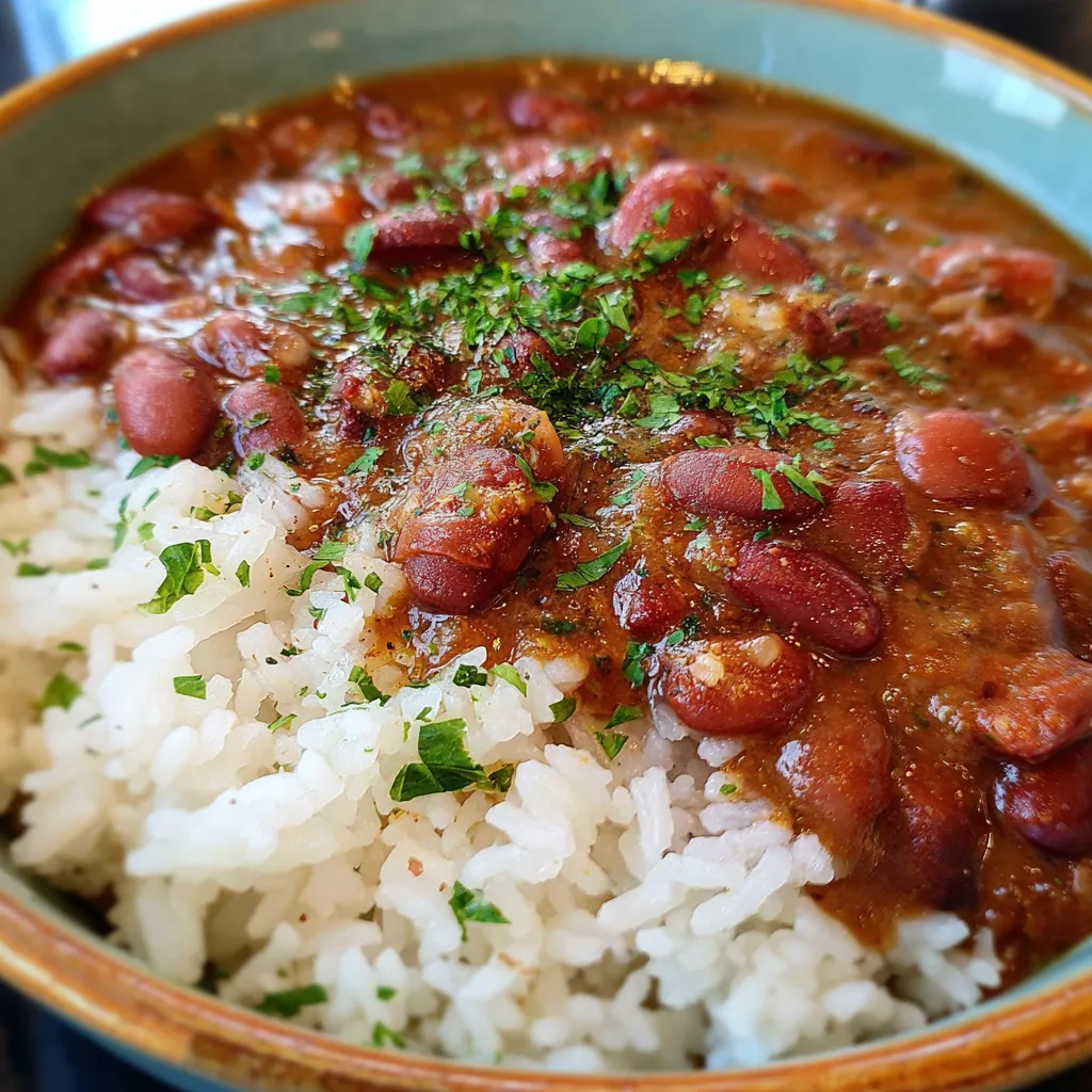 Authentic Creole red beans served over fluffy white rice with green herbs in ceramic bowl