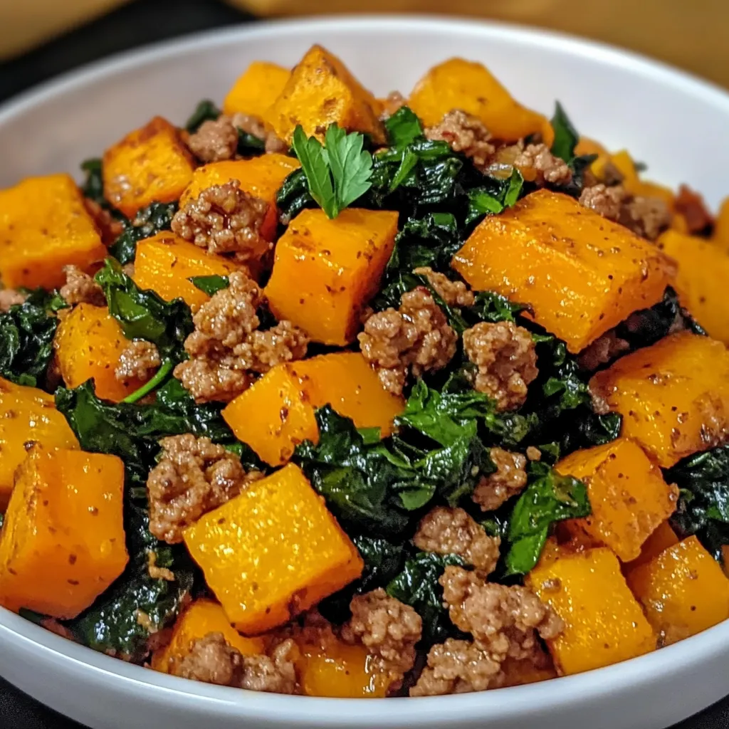 Colorful ground turkey and sweet potato skillet with fresh spinach in white ceramic bowl