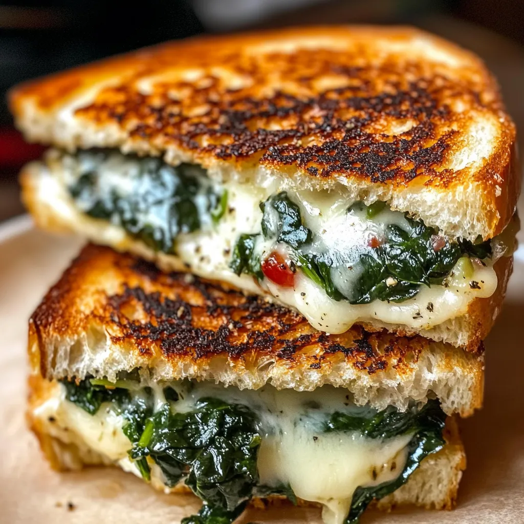 Golden grilled cheese sandwich filled with fresh spinach and melted cheese on rustic wooden surface