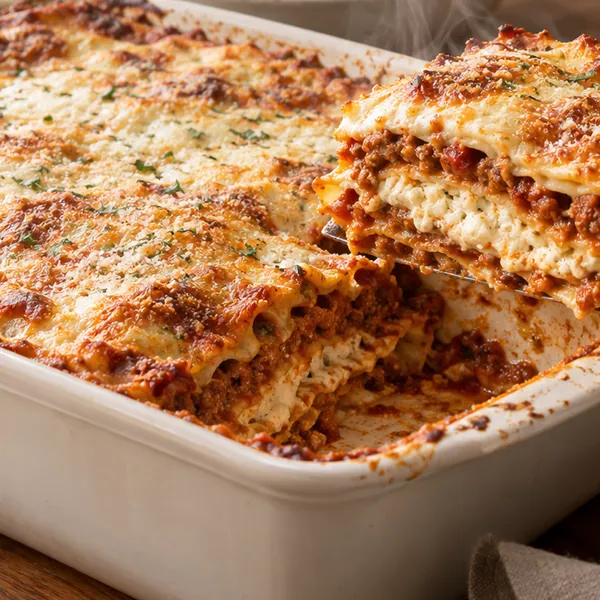 Close-up of gooey mozzarella pulls and rich tomato-meat ragu between layers
