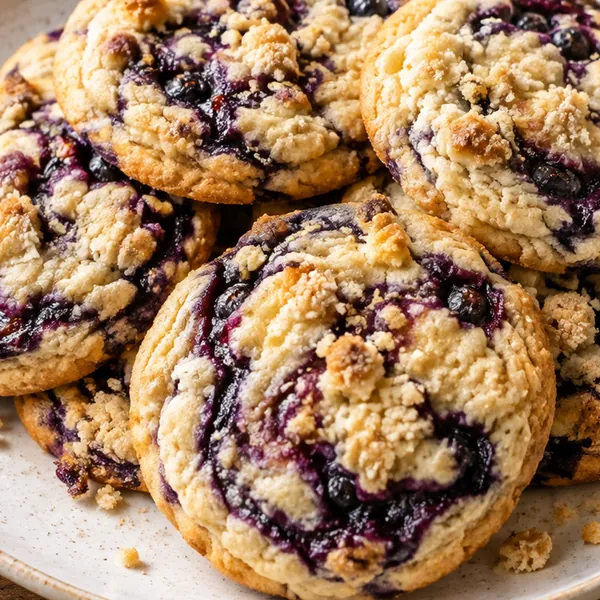 Close-up of jam ribbons and sandy crumble topping on a cookie