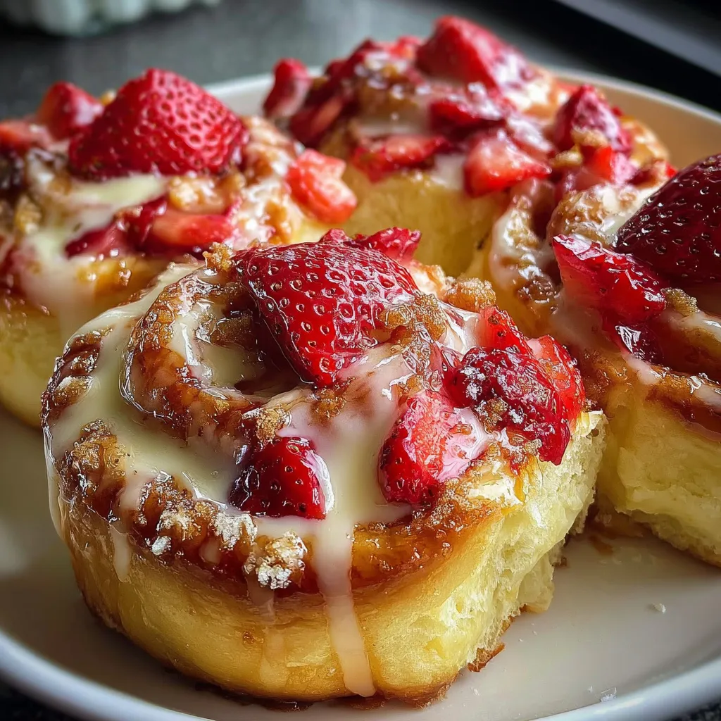 Homemade strawberry cheesecake sweet rolls with beautiful golden layers and glossy vanilla frosting