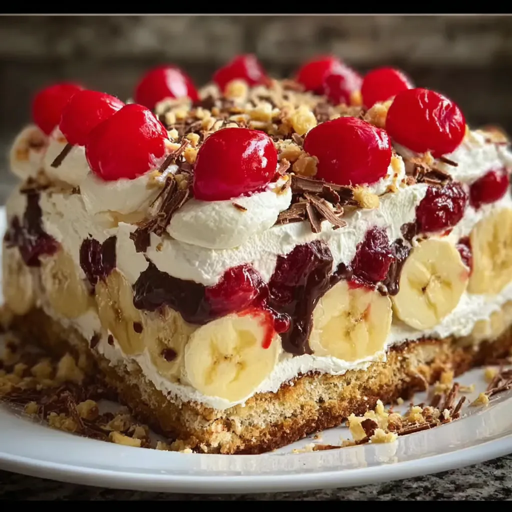 Decadent dessert cake featuring graham cracker base, cream layers, and colorful fruit toppings