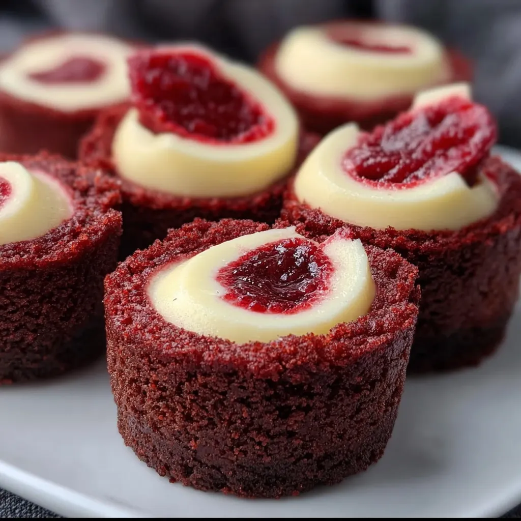 Delicious red velvet cupcakes filled with cheesecake cream showing cross section