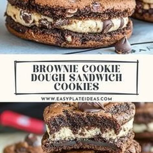 Three brownie cookie dough sandwich cookies stacked on parchment
