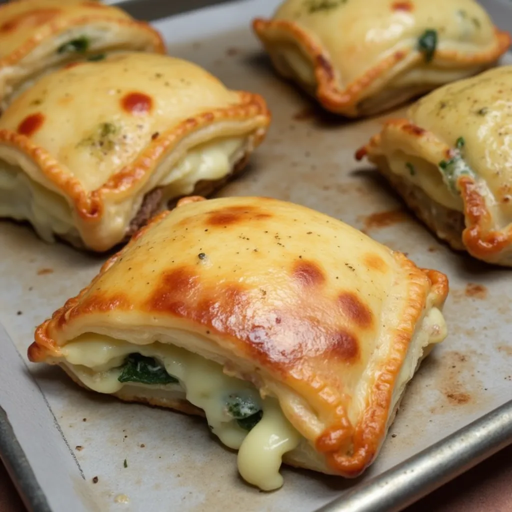 Freshly baked hand pies with cheese pulling from spinach filling when broken open