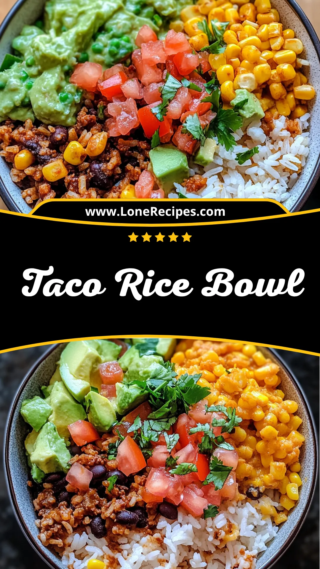 Colorful taco rice bowl with seasoned ground beef, corn, black beans, diced tomatoes, and fresh avocado slices