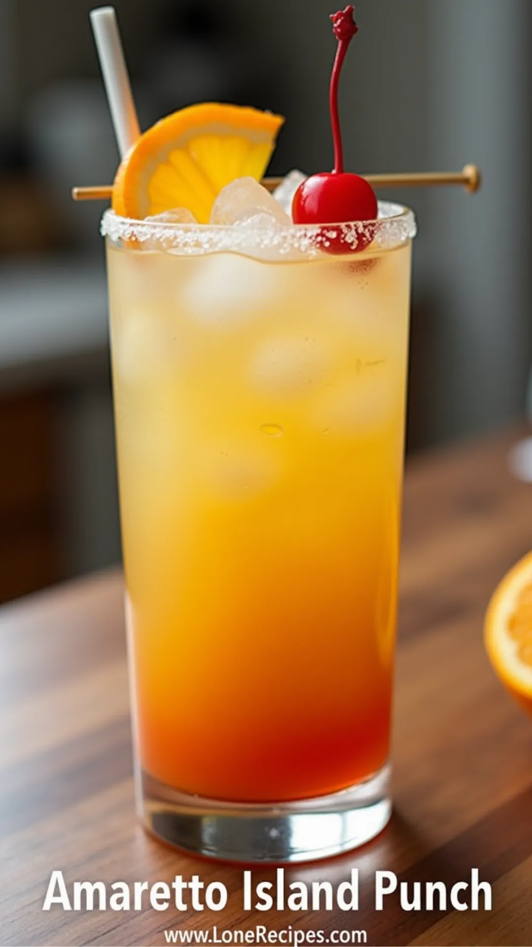 Refreshing Amaretto Island Punch in a highball glass with orange and cherry garnish