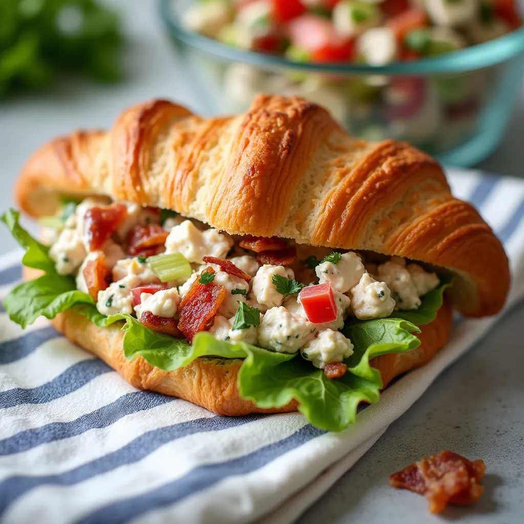 Flaky buttery croissant filled with creamy chicken salad mixed with bacon tomato chunks and green lettuce leaves