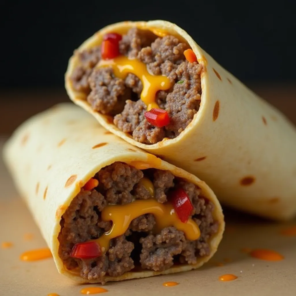 Close-up of perfectly wrapped beef and cheese burrito
