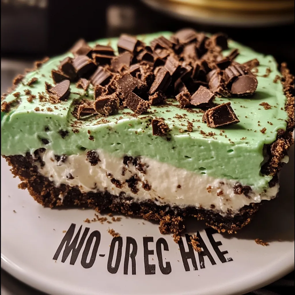 Layered no-bake mint chocolate pie with Oreo crust and creamy green filling garnished with chocolate pieces