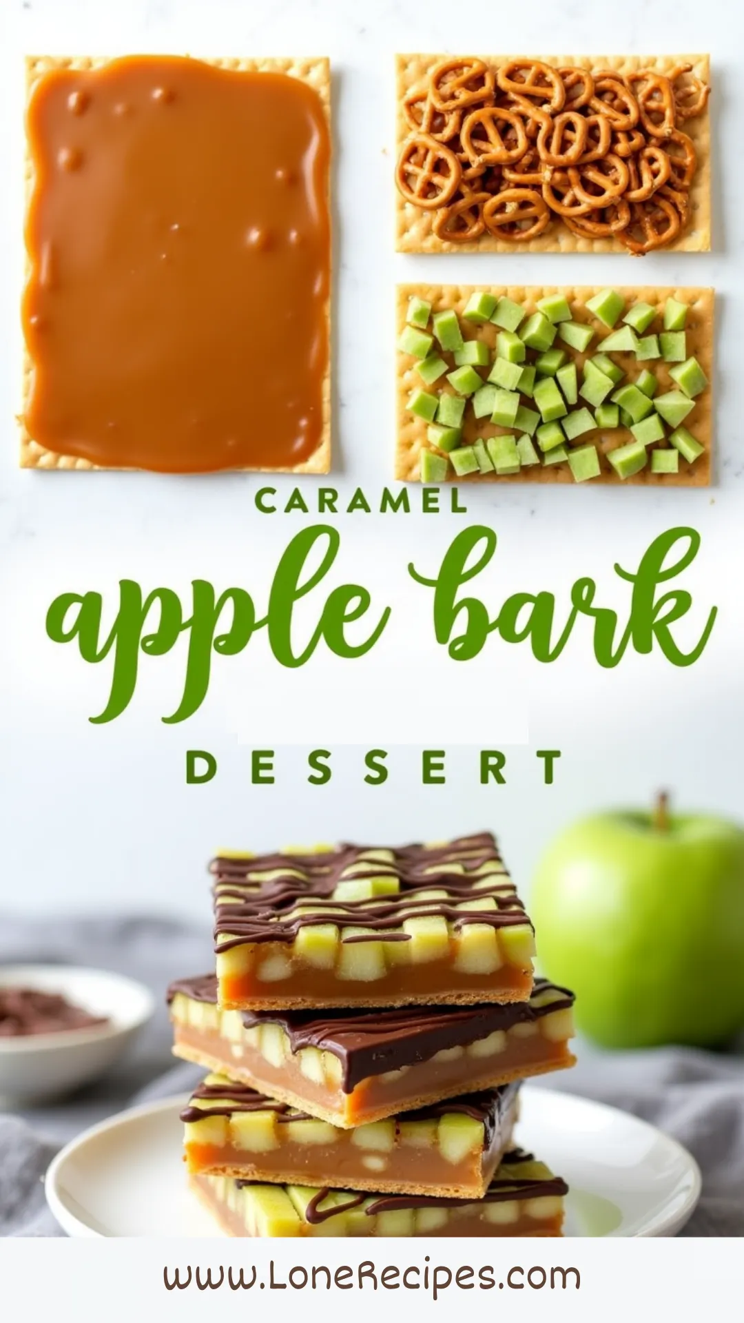 Sweet and salty pretzel bark with fresh apples, gooey caramel, and chocolate - easier than traditional caramel apples!