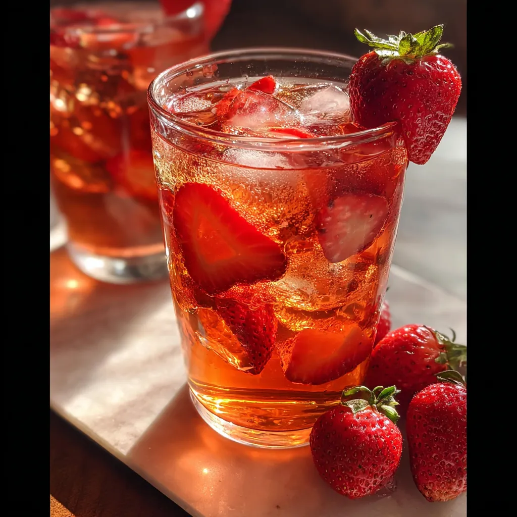 Refreshing homemade strawberry iced tea served in clear glasses with vibrant red color and fruit garnish