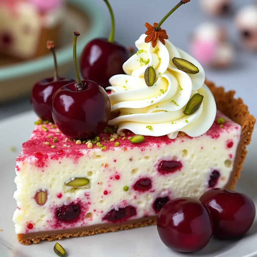Decadent cherry pistachio cheesecake with graham cracker crust and whipped cream topping