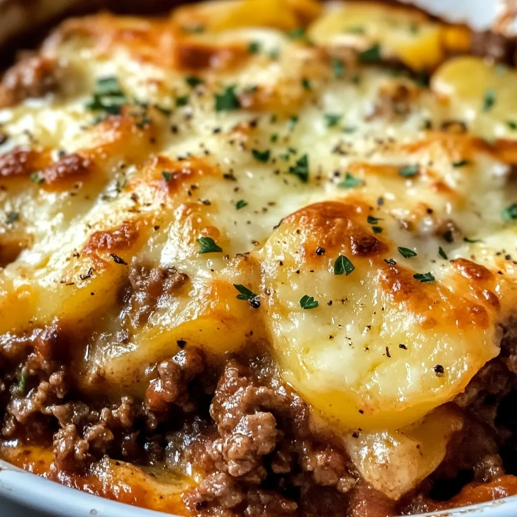 Homemade comfort food casserole with layers of beef, potatoes and bubbly melted cheese topping