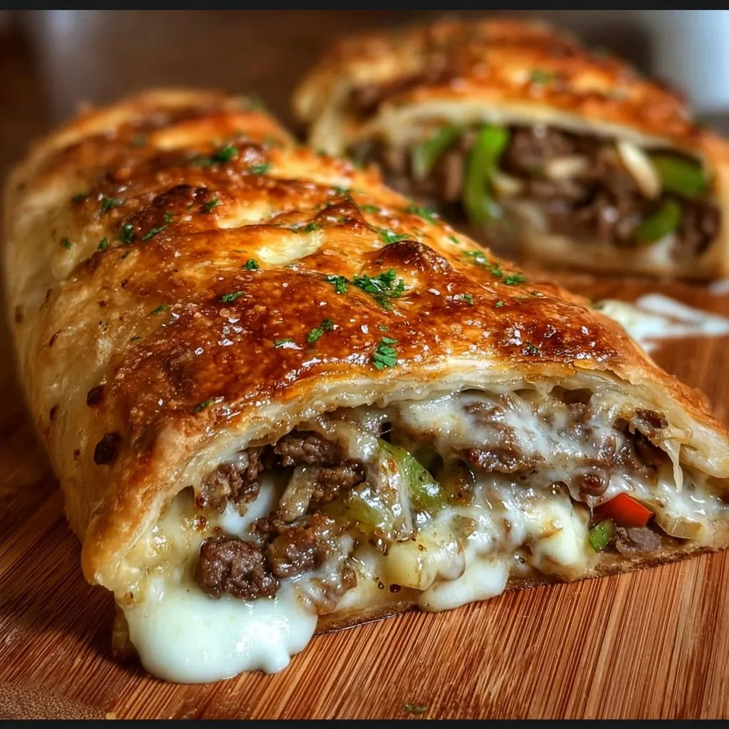 Golden baked mozzarella cheesesteak stromboli sliced to show melted cheese and steak filling