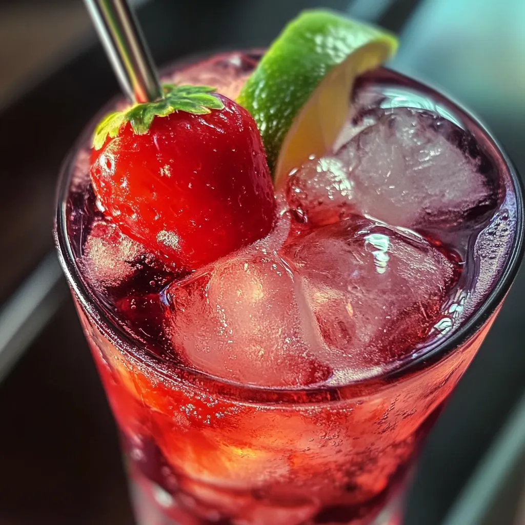Sparkling red cherry cocktail in glass with maraschino cherry and lime wheel garnish