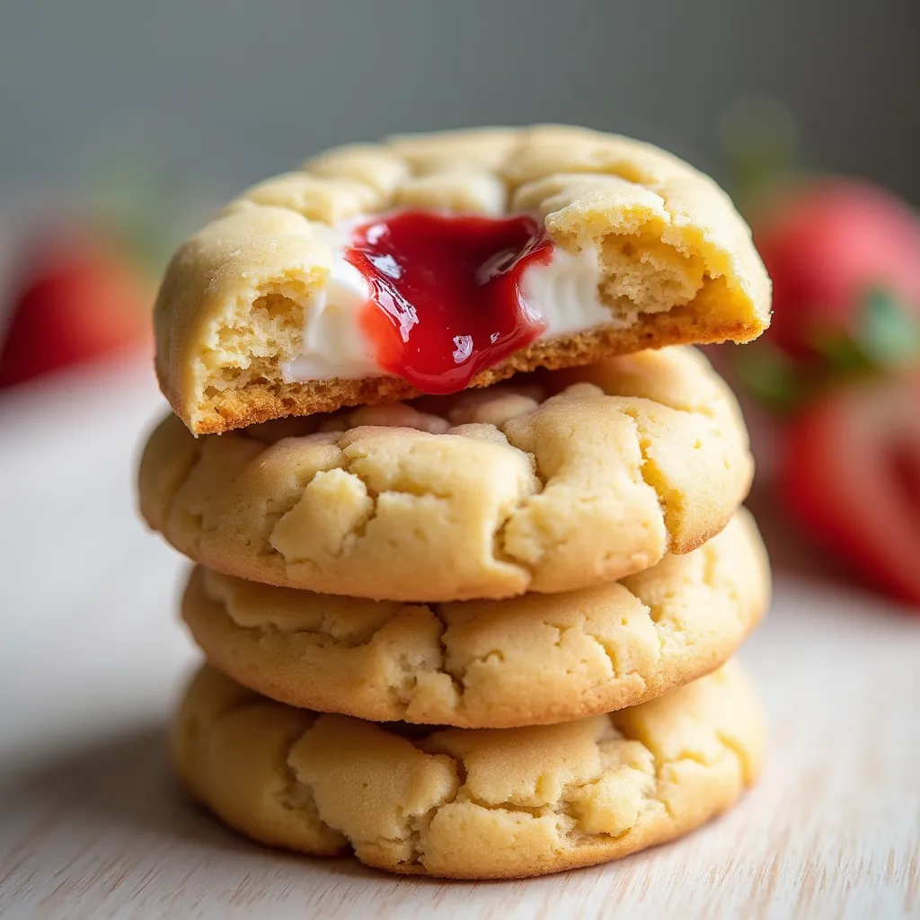 Stack of homemade strawberry cheesecake cookies with one broken open showing the filling