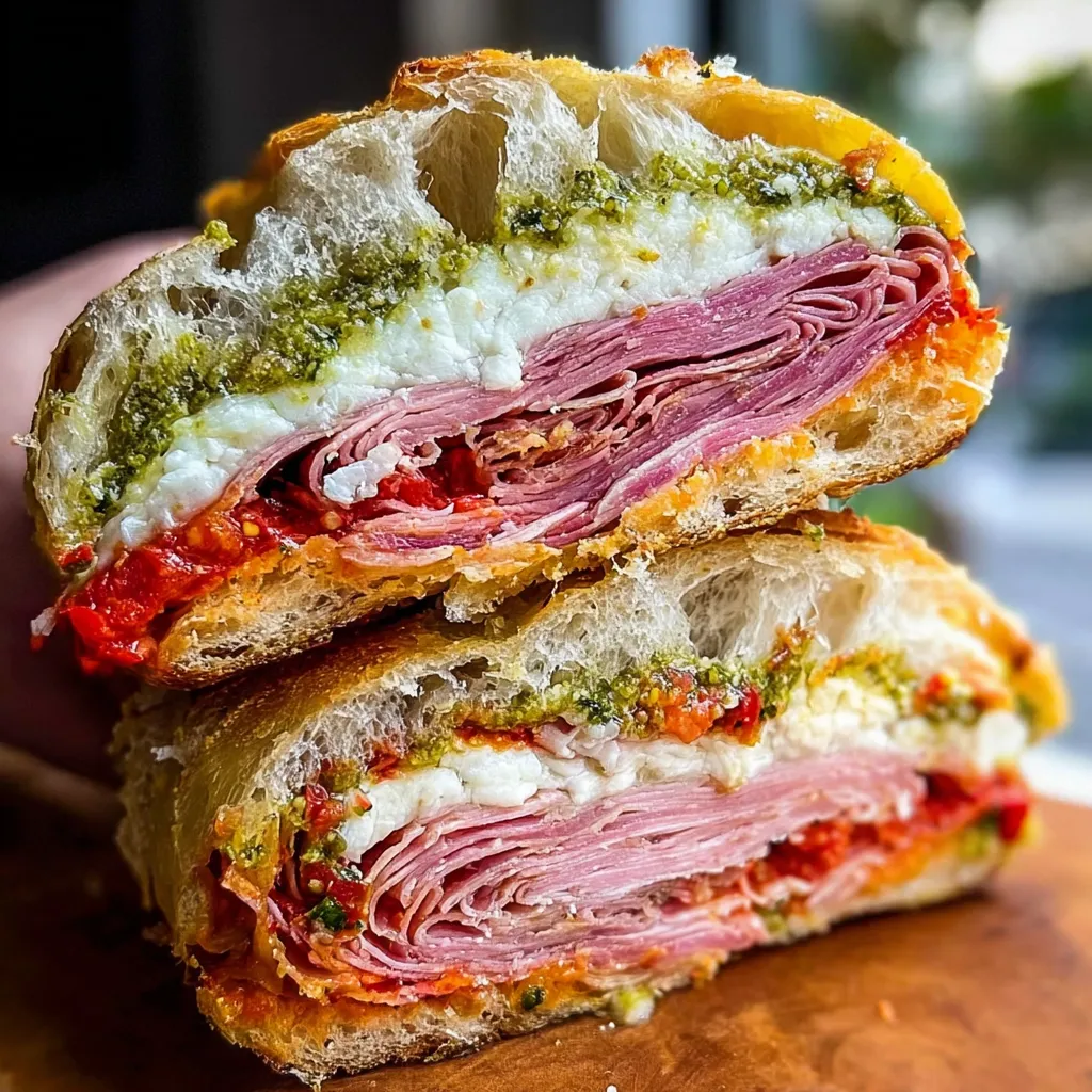 Hand holding thick Italian sandwich with visible meat layers and pesto on crusty sesame bread