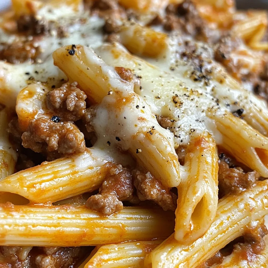 Golden penne pasta with seasoned ground beef covered in melted cheese and garlic butter sauce