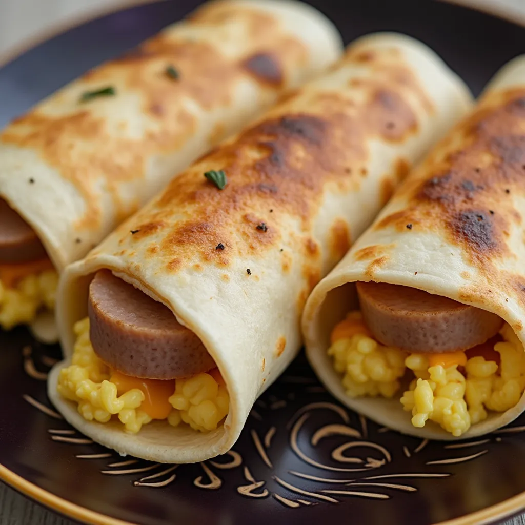 Crispy breakfast wraps loaded with cheesy macaroni and smoky sausage slices