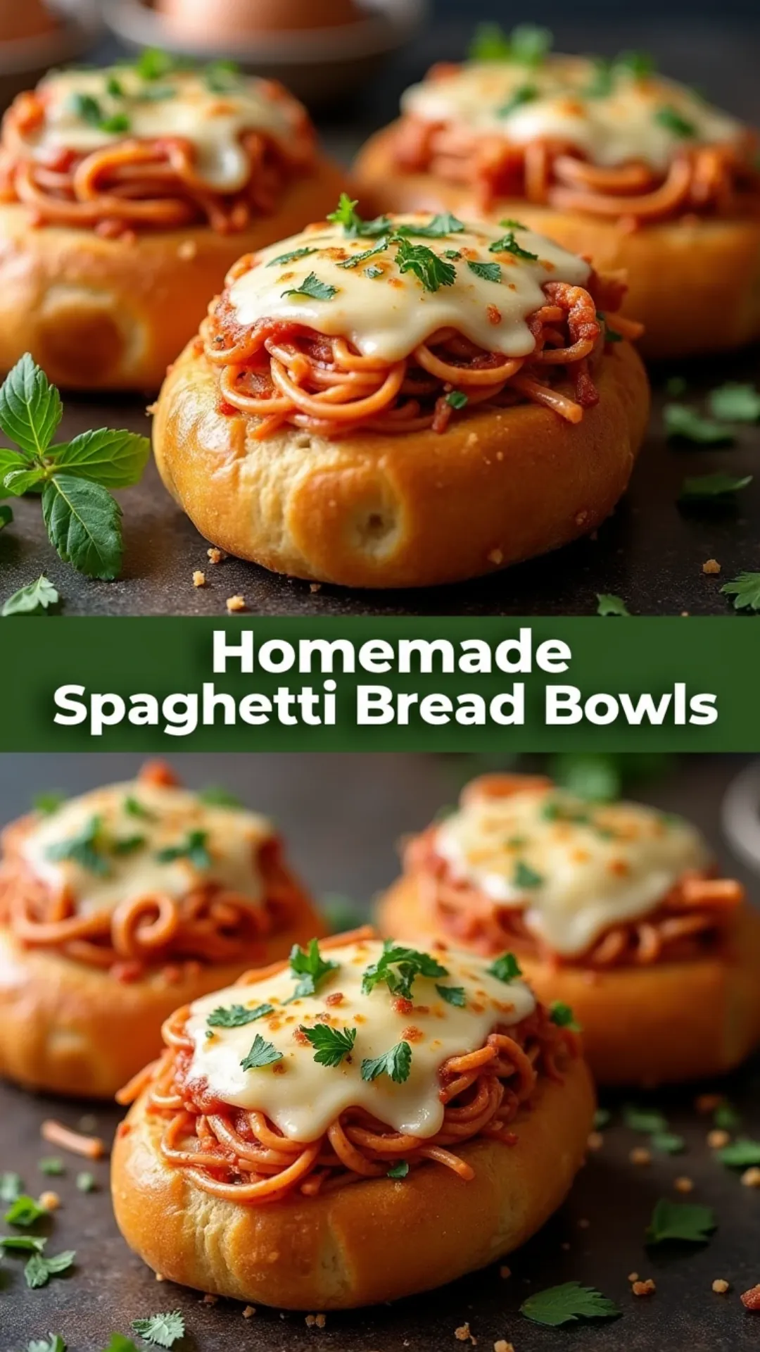 Homemade stuffed garlic bread bowls filled with spaghetti and topped with bubbling mozzarella