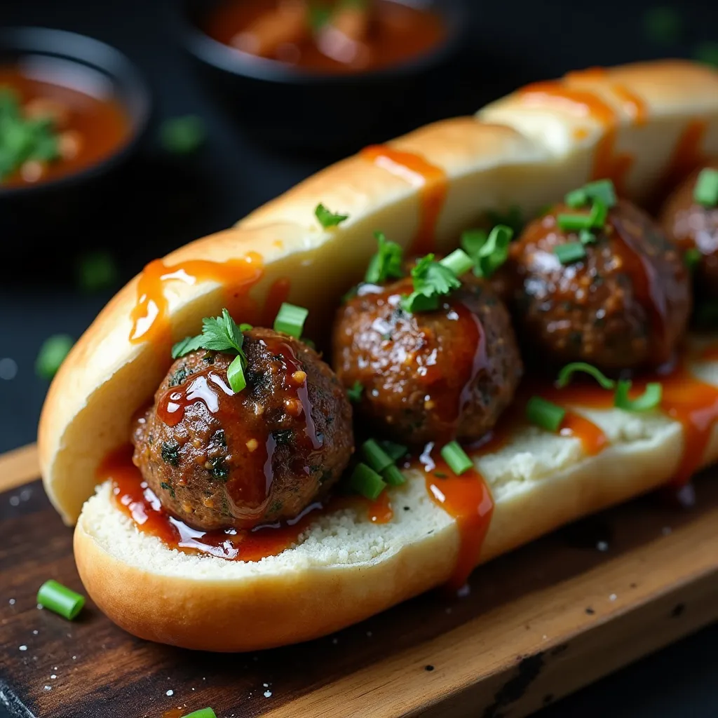 Gourmet sardine meatball sandwich with rich tomato glaze served on a wooden board