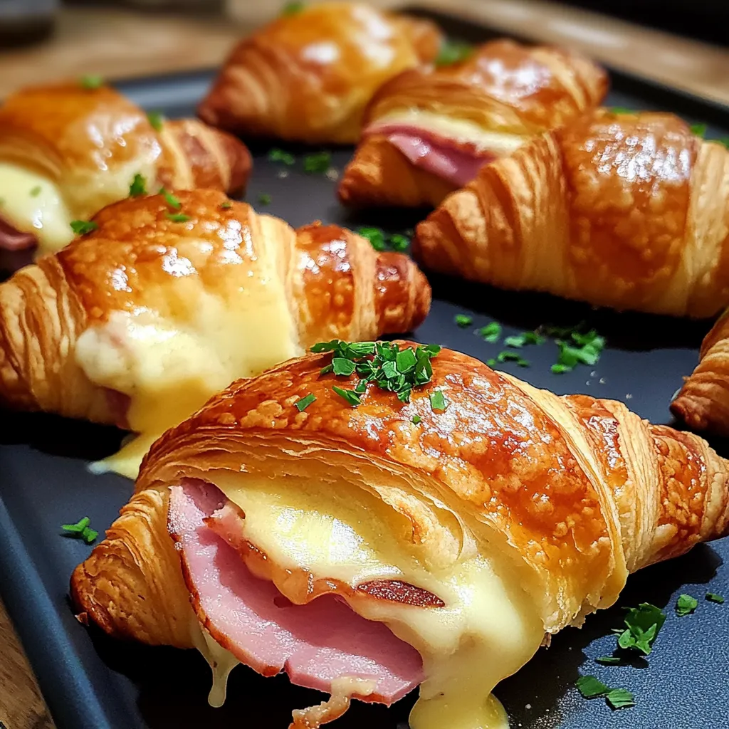 Golden baked croissants filled with ham and melted cheese on dark slate