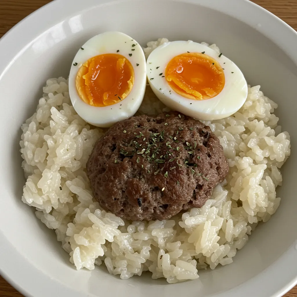 Homemade beef meatballs with jammy eggs on a bed of white rice