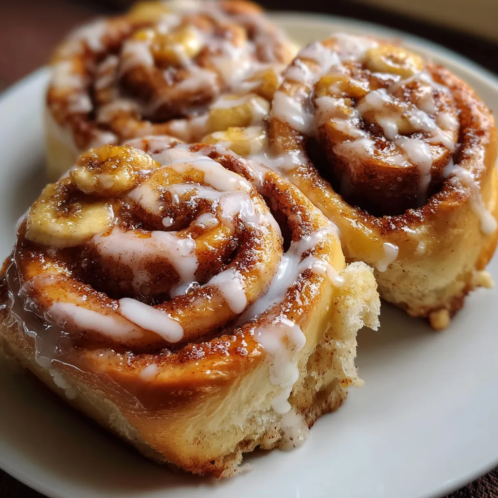 Fluffy homemade cinnamon rolls made with banana bread dough and topped with sweet cream cheese frosting